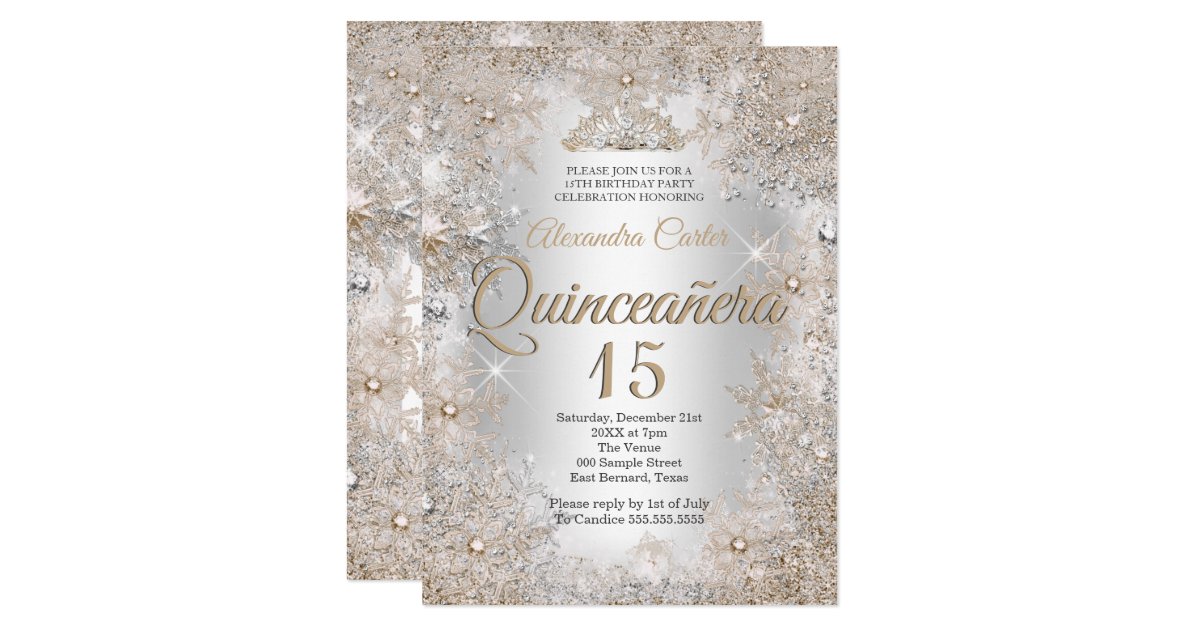 Quinceanera 15th Photo Silver Beige Snowflake Invitation | Zazzle.com