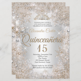 Quinceanera 15th Photo Silver Beige Snowflake Invitation