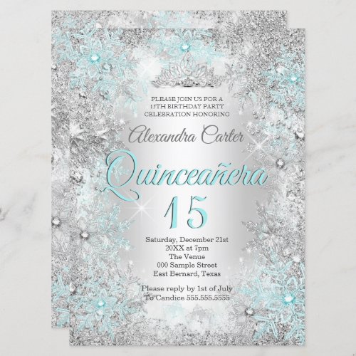 Quinceanera 15th Photo Silver Teal blue Snowflake Invitation