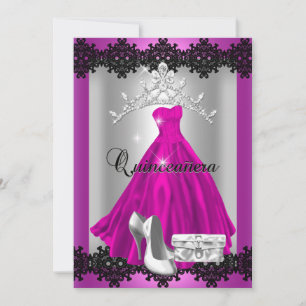 Quinceanera 15th Pink Black Silver Diamond Tiara Invitation