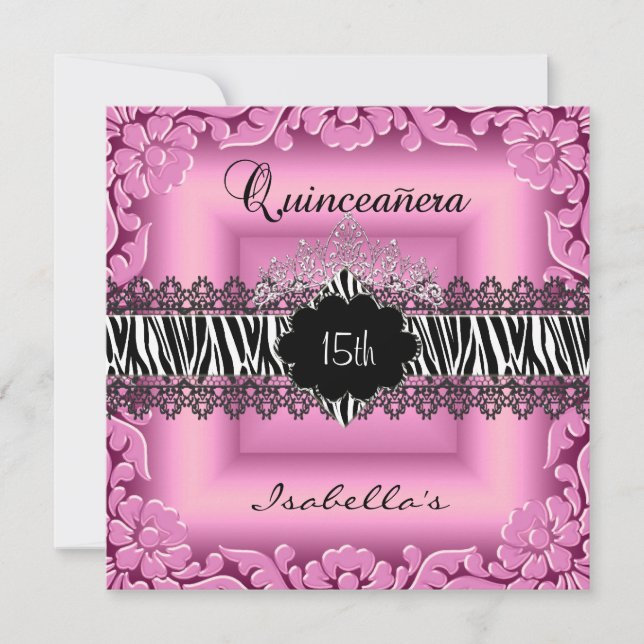Quinceanera 15th Pink Black White Zebra Lace Invitation (Front)