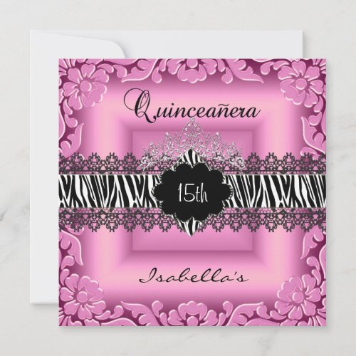 Quinceanera 15th Pink Black White Zebra Lace Invitation