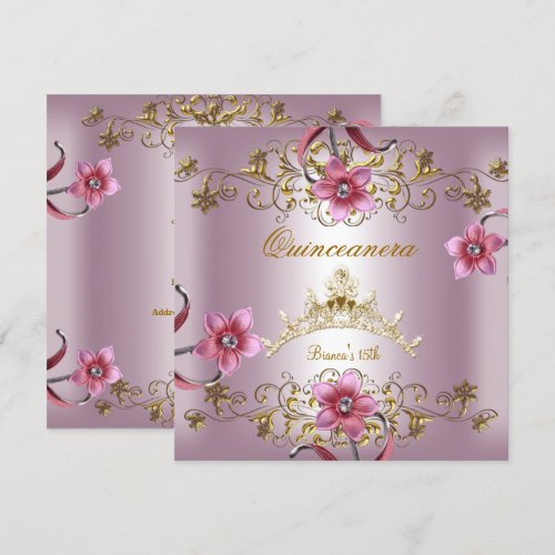 Quinceanera 15th Pink Flowers Gold Tiara Announcements