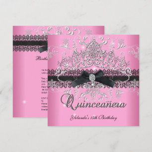Quinceanera 15th Pink Glitter Tiara Black Bow Invitation