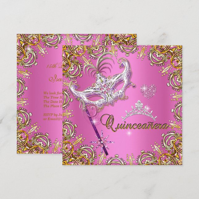 Quinceanera 15th Pink Masquerade Party Gold Invitation (Front/Back)