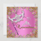 Quinceanera 15th Pink Masquerade Party Gold Invitation (Front)