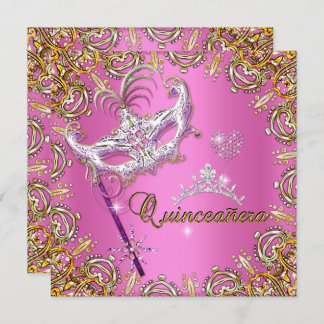 Quinceanera 15th Pink Masquerade Party Gold Invitation