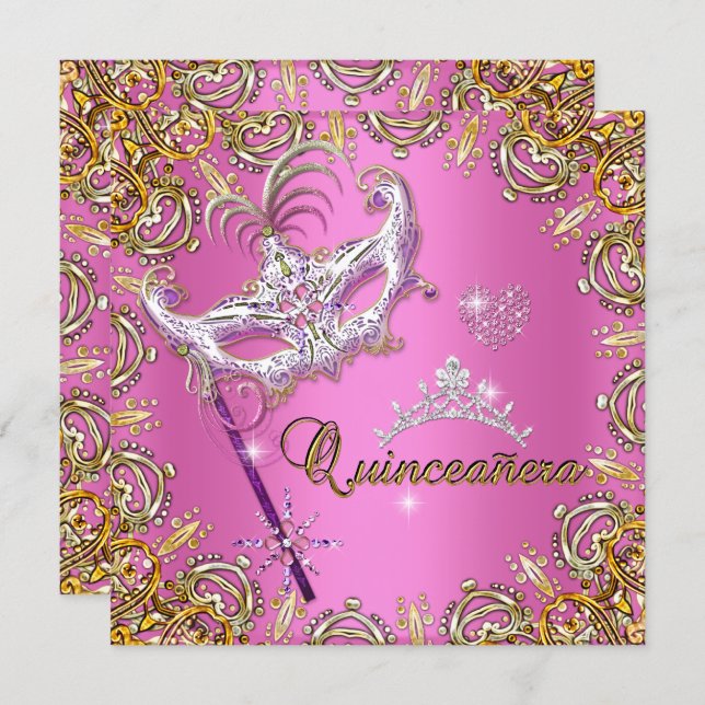 Quinceanera 15th Pink Masquerade Party Gold Invitation (Front/Back)