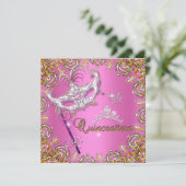 Quinceanera 15th Pink Masquerade Party Gold Invitation (Standing Front)
