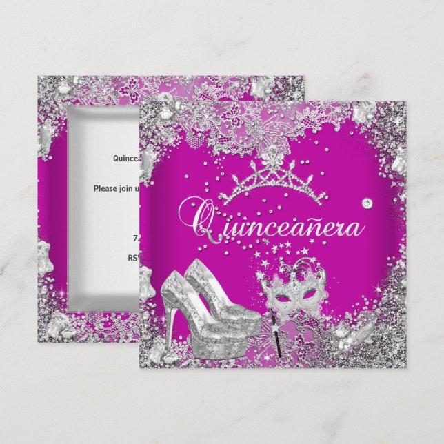 Quinceanera 15th Pink Plum Silver Mask Tiara Invitation (Front/Back)