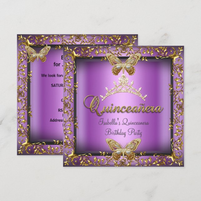 Quinceañera 15th Pink Purple Gold Butterfly Invitation (Front/Back)