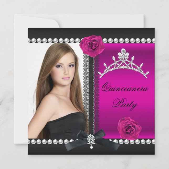 Quinceanera 15th Pink Rose Black Photo Invitation (Front)