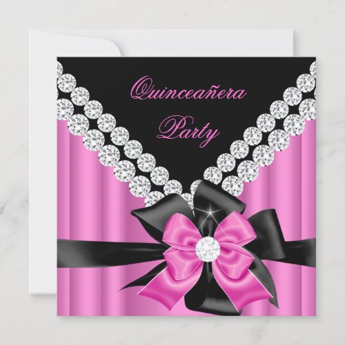 Quinceanera 15th Pink Silver Black Bow Diamonds Invitation