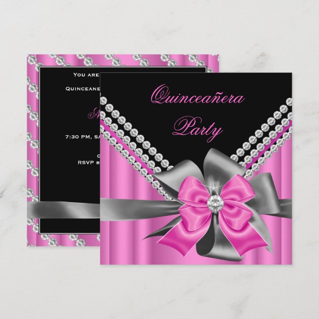 Quinceanera 15th Pink Silver Grey Bow Diamonds 2 Invitation (Front/Back)