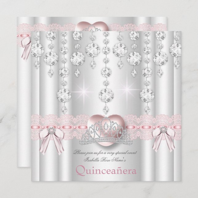 Quinceanera 15th Pink Silver Heart Diamonds 2 Invitation (Front/Back)