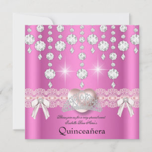Quinceanera 15th Pink Silver Heart Diamonds 3 Invitation