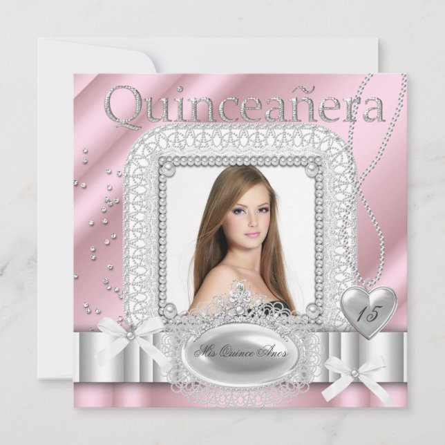 Quinceanera 15th Pink White Lace Pearl Photo Invitation (Front)