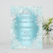 Quinceanera 15th Pretty Silver Teal blue Snowflake Invitation (Standing Front)