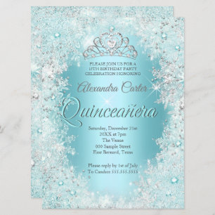 Quinceanera 15th Pretty Silver Teal blue Snowflake Invitation