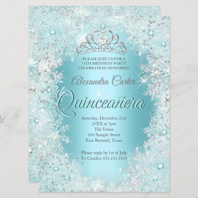 Quinceanera 15th Pretty Silver Teal blue Snowflake Invitation (Front/Back)