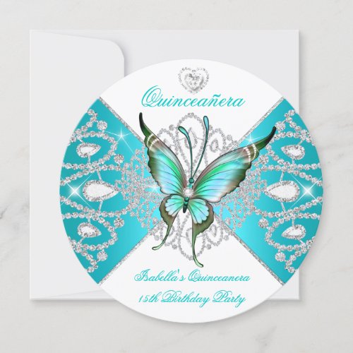 Quinceanera 15th Pretty Teal Blue Butterfly New Invitation