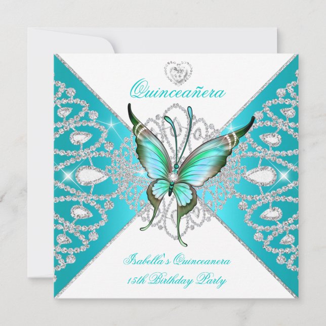 Quinceanera 15th Pretty Teal Blue Butterfly New Invitation (Front)
