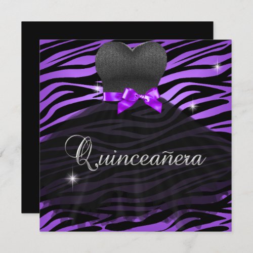 Quinceanera 15th Purple Black Zebra Dress Invitation