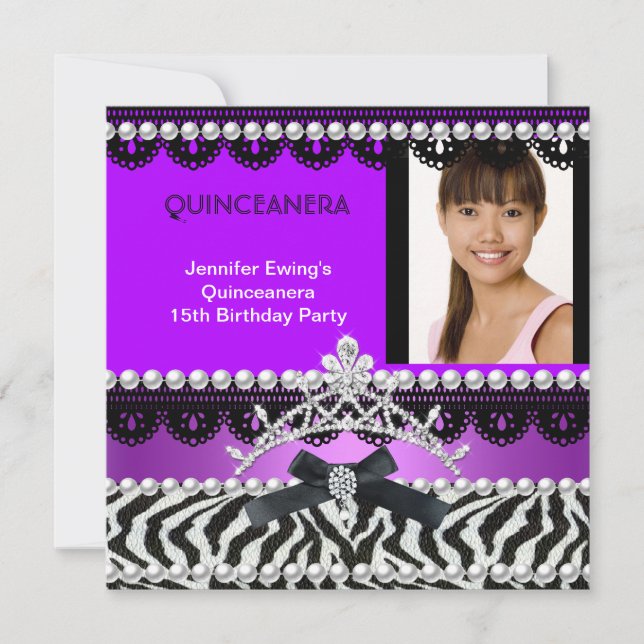 Quinceanera 15th Purple Black Zebra Pearl Tiara Invitation (Front)