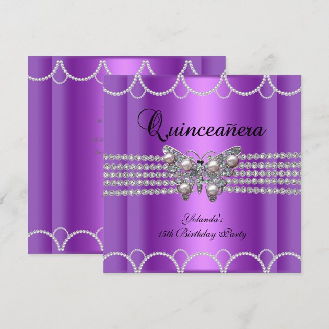 Quinceanera 15th Purple Butterfly Pearl Lace Invitation (Front/Back)