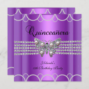 Quinceanera 15th Purple Butterfly Pearl Lace Invitation