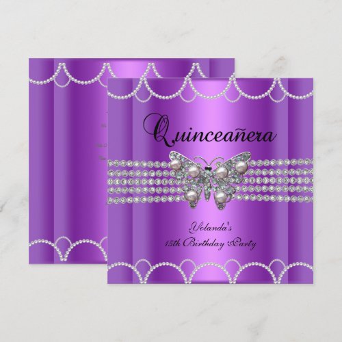 Quinceanera 15th Purple Butterfly Pearl Lace Announcement