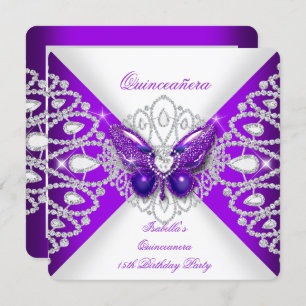 Quinceanera 15th Purple Butterfly Tiara Party 2 Invitation