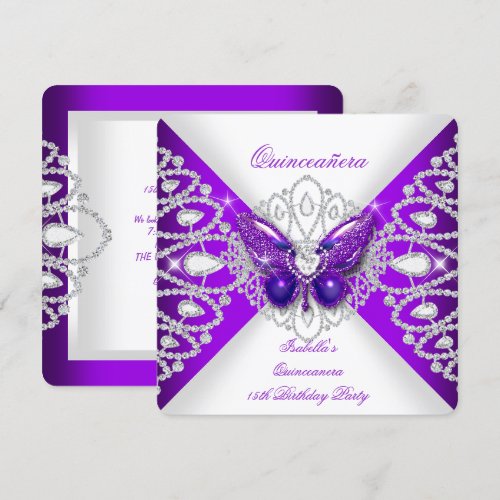 Quinceanera 15th Purple Butterfly Tiara Party 2 Custom Invitations