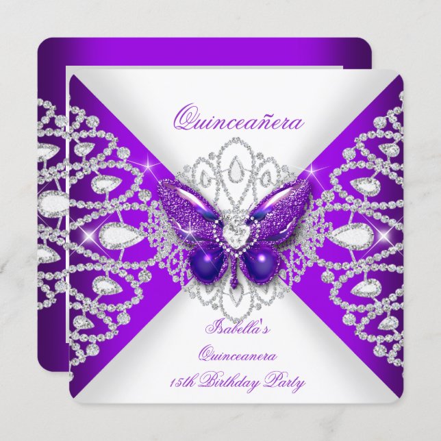 Quinceanera 15th Purple Butterfly Tiara Party 2 Invitation (Front/Back)
