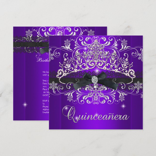 Quinceanera 15th Purple Glitter Tiara Black Bow Invitation (Front/Back)