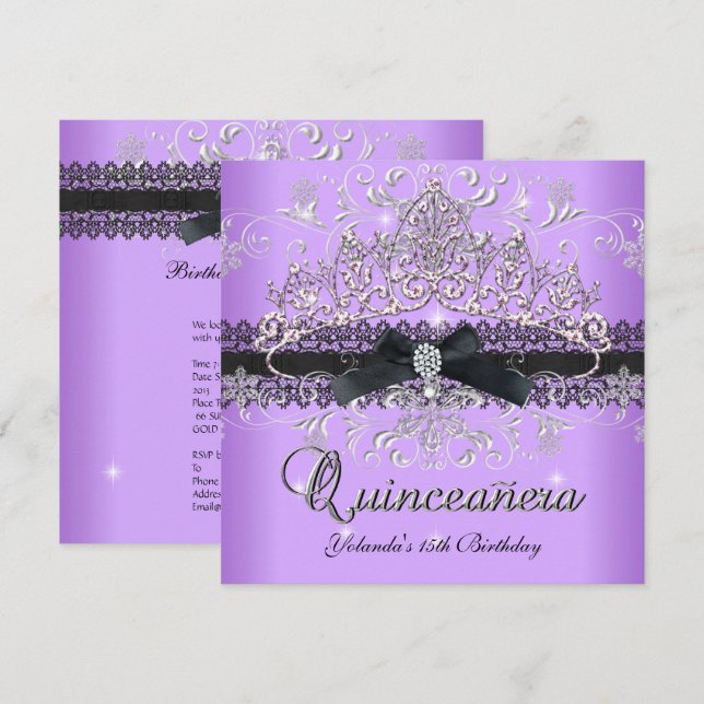 Quinceanera 15th Purple Glitter Tiara Black Bow Invitation (Front/Back)