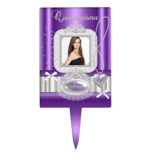 Quinceanera 15th Purple Lace Pearl Photo Cake Topper