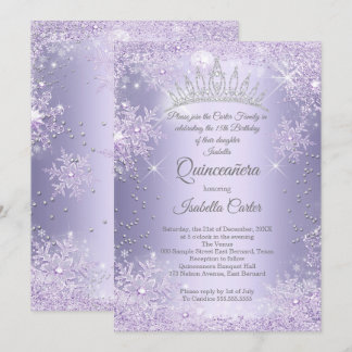 Quinceanera 15th Purple Lilac Snowflake Winter Invitation