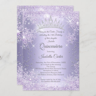 Quinceanera 15th Purple Lilac Snowflake Winter Invitation