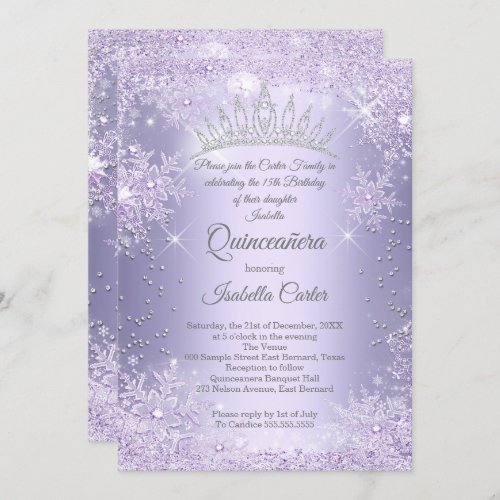 Quinceanera 15th Purple Lilac Snowflake Winter Invitation