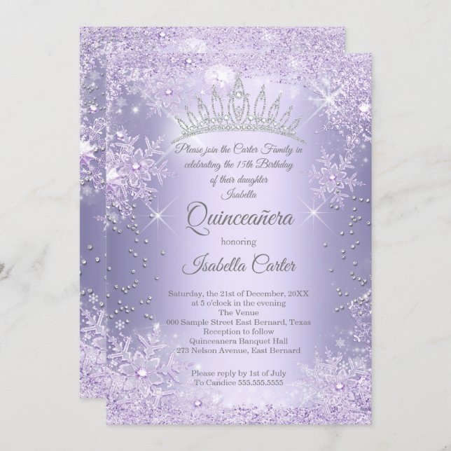 Quinceanera 15th Purple Lilac Snowflake Winter Invitation (Front/Back)