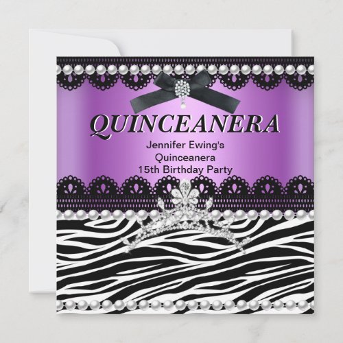 Quinceanera 15th Purple Pink Black Zebra Tiara Invitation