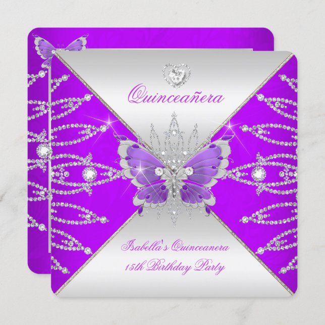 Quinceanera 15th Purple Silver Butterfly Tiara Invitation (Front/Back)