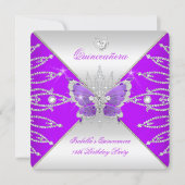 Quinceanera 15th Purple Silver Butterfly Tiara Invitation (Front)
