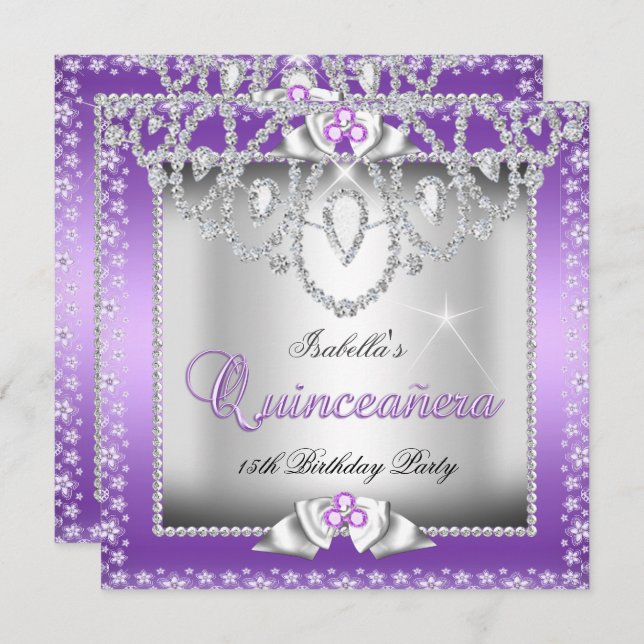 Quinceanera 15th Purple Silver Diamond Tiara Invitation (Front/Back)