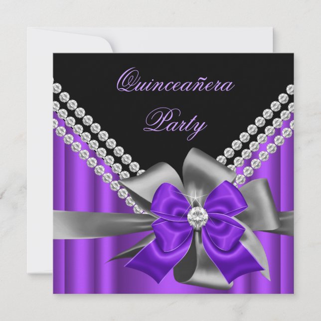 Quinceanera 15th Purple Silver Grey Bow Diamonds Invitation (Front)