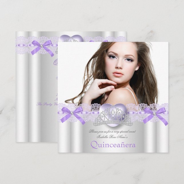 Quinceanera 15th Purple Silver Heart Lace Photo 2 Invitation (Front/Back)