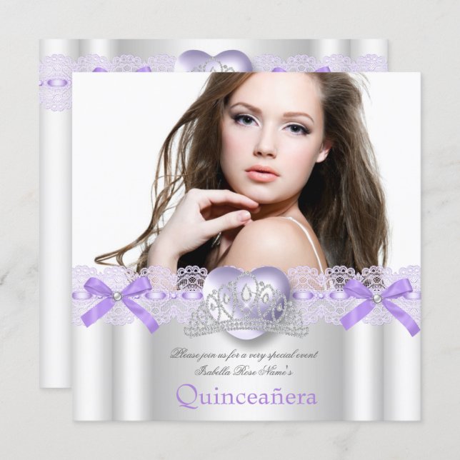 Quinceanera 15th Purple Silver Heart Lace Photo 2 Invitation (Front/Back)