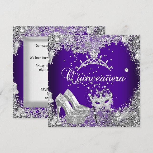 Quinceanera 15th Purple Silver Mask Tiara Invitation (Front/Back)