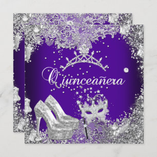 Quinceanera 15th Purple Silver Mask Tiara Invitation